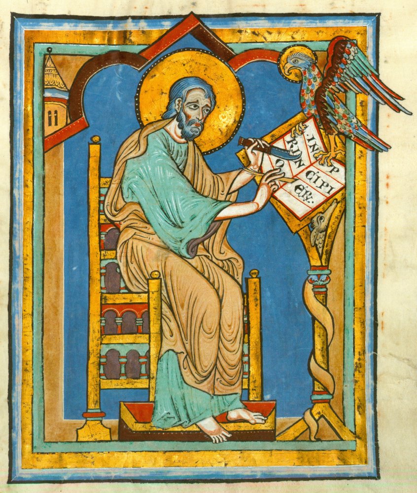 Johannes schreibt sein Evangelium, aus dem Speyerer Evangeliar, um 1220, in der Badischen Landesbibliothek in Karlsruhe
