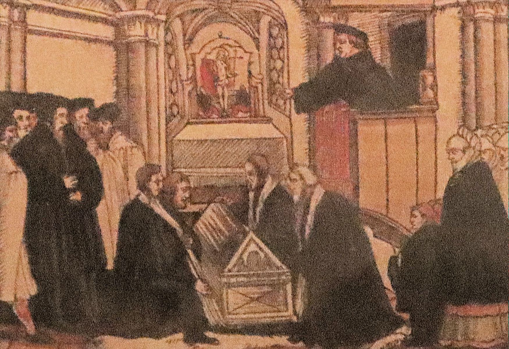 kolorierter Holzschnitt: Bugenhagen auf der Kanzel bei Luthers Bestattung, 1557, im Lutherhaus in Wittenberg