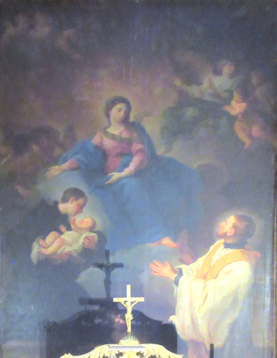Gemälde: Johannes Franz Régis mit Stanislaus Kostka (links) vor Maria, um 1810, in der Kirche Sant'Ignazio di Loyola in Rom
