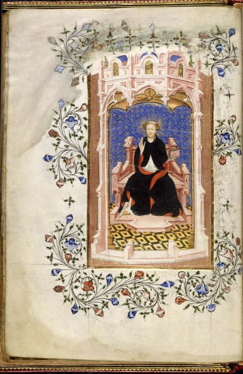 Buchmalerei des Master of the Beaufort Saints, aus England (London?): Johannes von Bridlington, um 1410, in der British Library in London