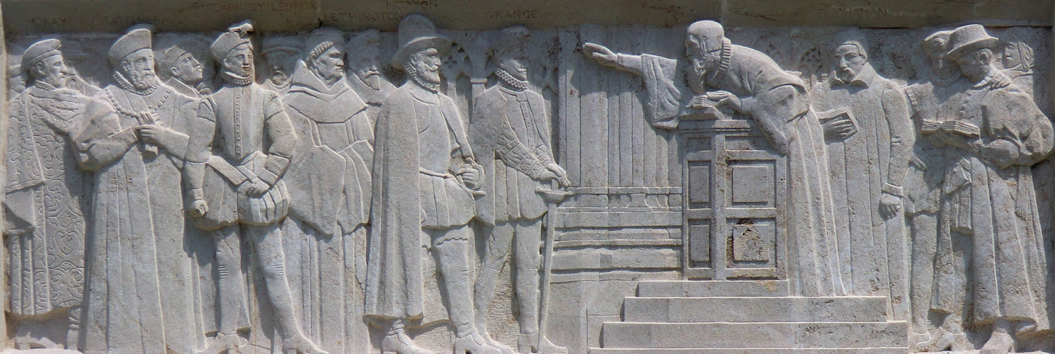 Relief: John Knox predigt vor dem Hofstaat von Maria Stuart, 1909 - 1917, am Reformationsdenkmal in Genf