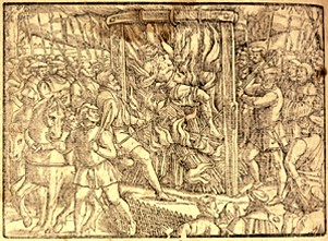 Kupferstich: Das grausame Martyrium von John Oldcastle. Aus: John Foxe: Acts and Monuments of Matters, London, 1596