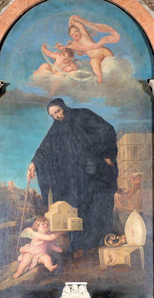 Alessandro Varotari: Jordan zeichnet den Grundriss des Klosters San Benedetto Vecchio auf den Boden, Altarbild, 1631, in der Kirche des ehemaligen Klosters San Benedetto Vecchio
