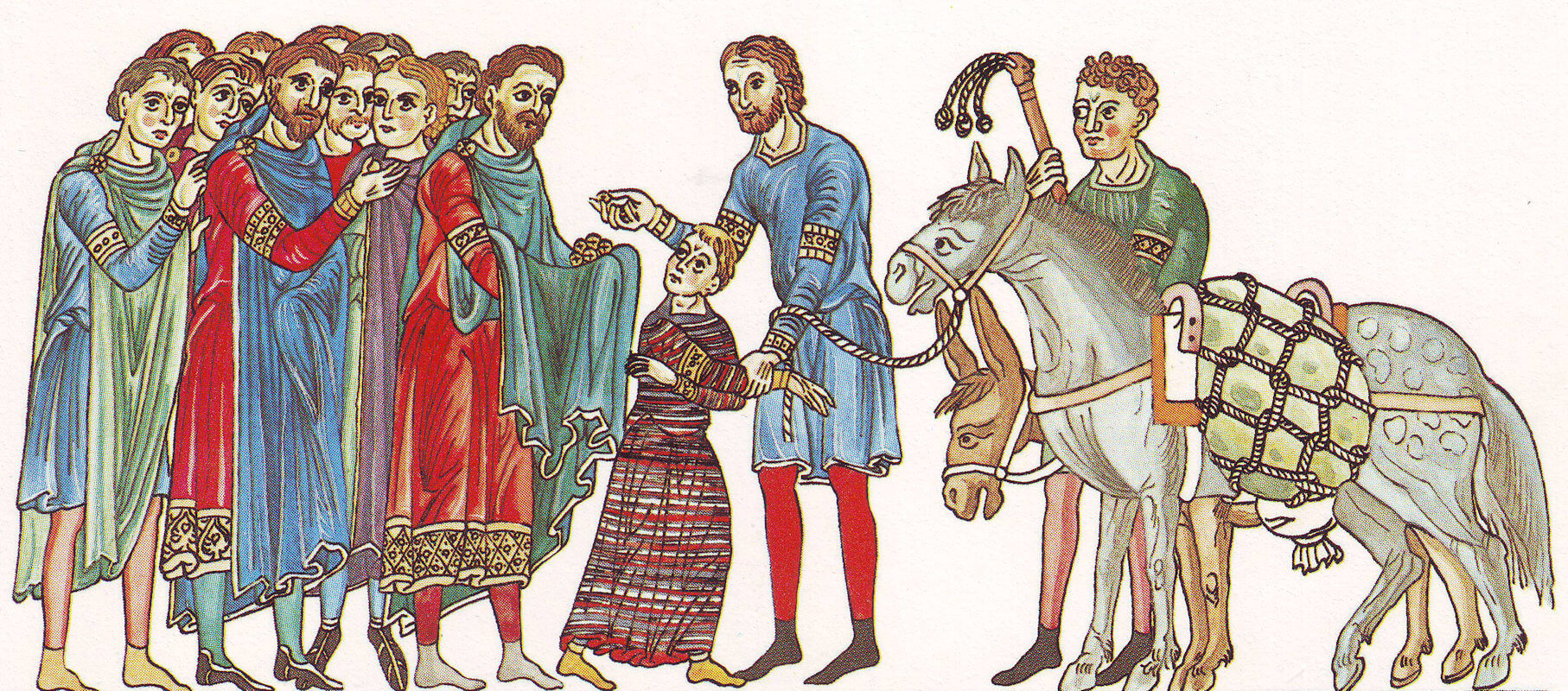 Buchmalerei: Josef wird von seinen Brüdern nach Ägypten verkauft, um 1180, aus dem „Hortus deliciarum” der Herrad von Landsberg