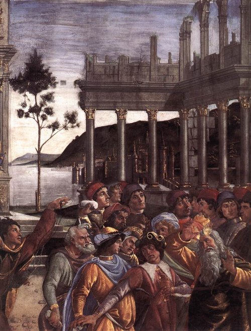 Sandro Botticelli: Die Bestrafung der Sippe Korach (Ausschnitt), 1481 - 82, in der Cappella Sistina im Vatikan: Mose (rechts) wird von den Unzufriedenen angegriffen, Josua (im roten Mantel) hält sie zurück