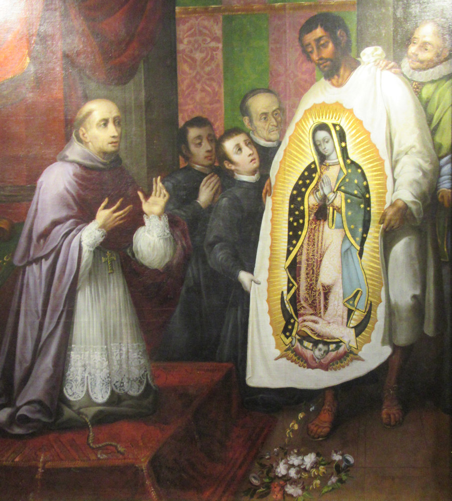 Juan Diego zeigt Bischof Zumárraga Bild der Jungfrau von Guadalupe, 17. Jahrhundert, , im Museum Santa Teresa in Alba de Tormes