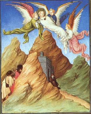 Brüder von Limburg: Katharinas Körper wird zum Sinai getragen. Aus der Buchmalerei der Très riches heures des Duc de Berry, 1411 - 1416, im Metropolitan Museum of Art in New York