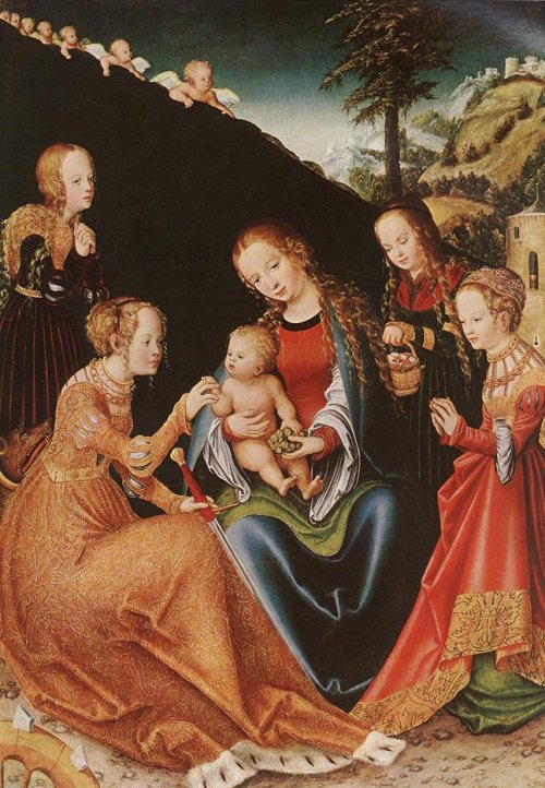 Lukas Cranach der Ältere: Die mystische Vermählung von Katharina (links) mit Jesus (dem Kind), um 1516, Museum der schönen Künste in Budapest