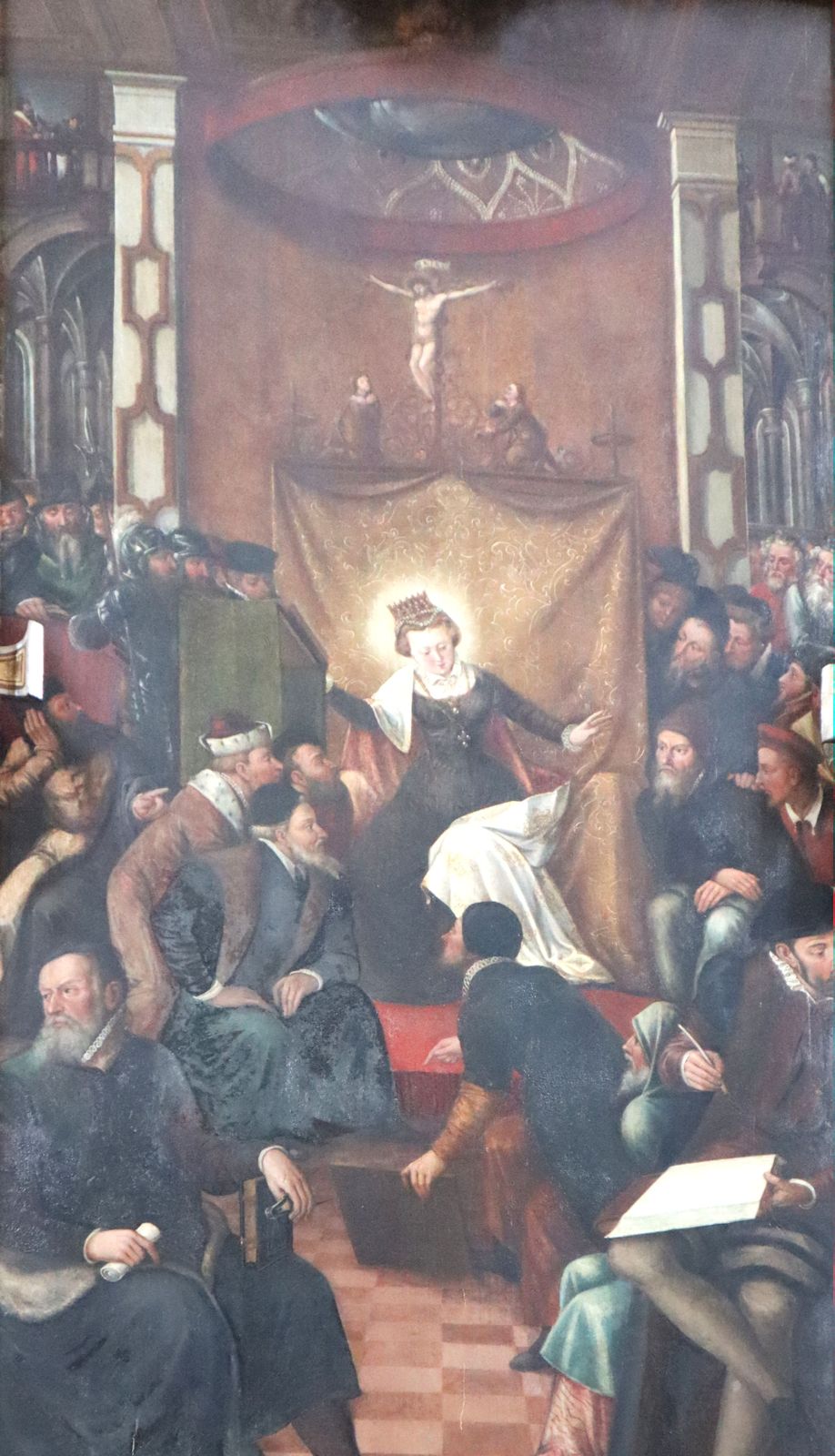 Hans Mielich: Katharina disputiert mit den Gelehrten der Universität in Ingolstadt, deren Patron sie ist, 1572, Rückseite des Hochaltars im Liebfrauenmünster in Ingolstadt