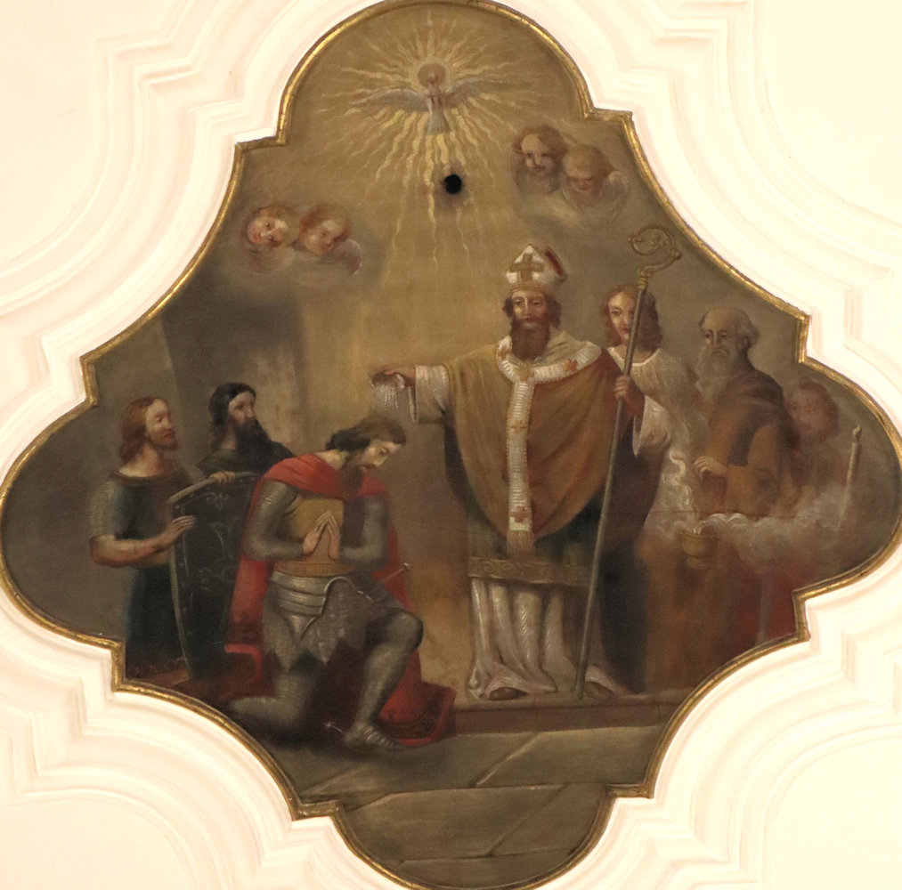 Deckenfresko: Kilian tauft Herzog Gozbert, 1736, in der Kilian geweihten Kirche in Oberwang
