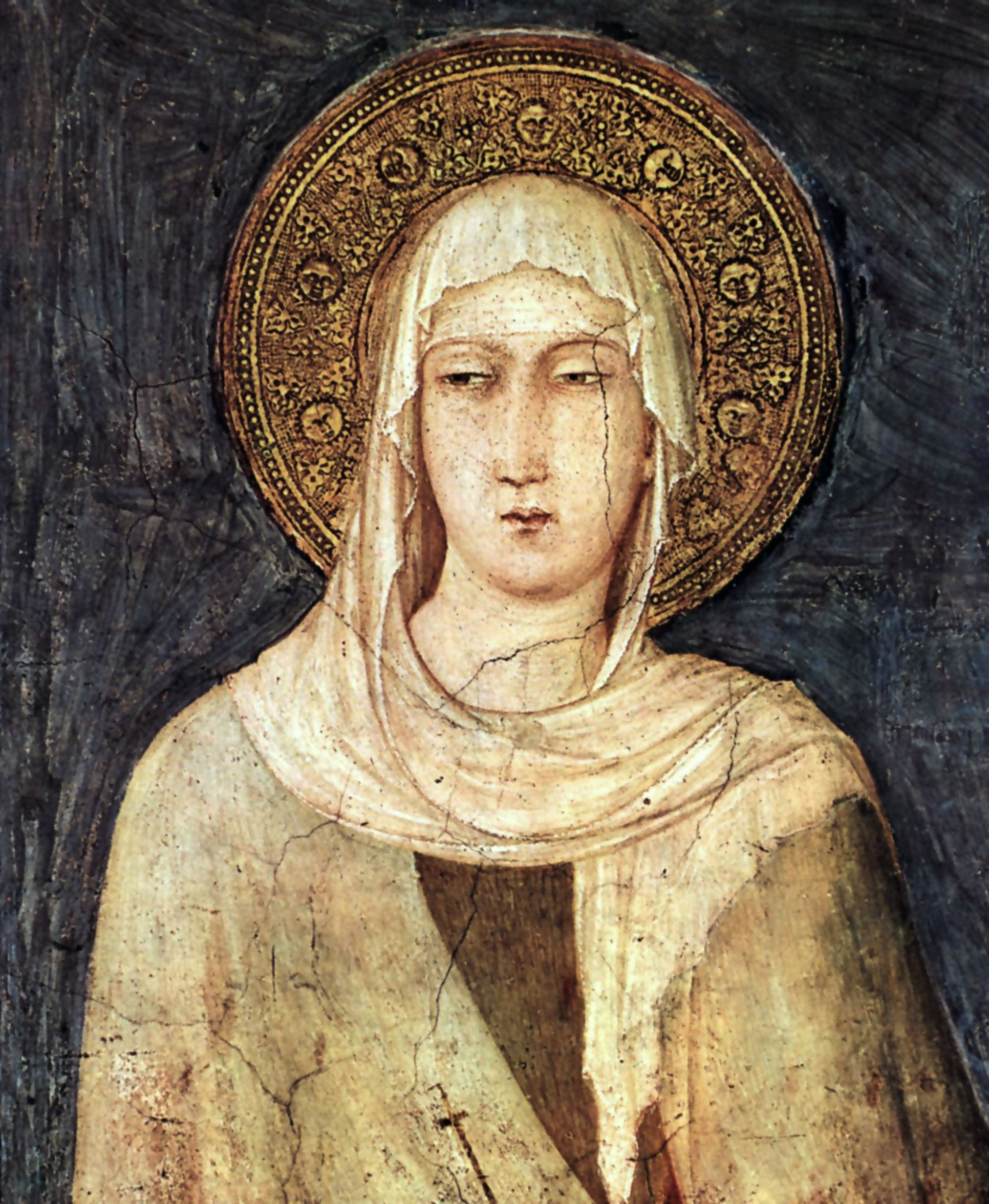 Simone Martini: Fresko, um 1324, in der Unterkirche der Basilika San Francesco in Assisi. Die Abbildung wird oft für ein Portrait von Klara von Assisi gehalten, tatsächlich zeigt sie - ausgewiesen durch die sieben Sonnen im Heiligenschein - Jacoba da Settesoli