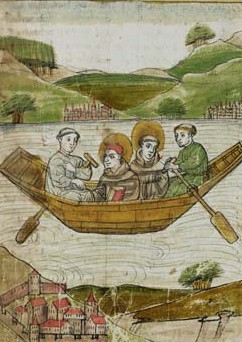 Cuonrad Sailer (?): Buchmalerei aus 'St. Galler Hausheilige': Kolumban und Gallus auf der Überfahrt nach Bregenz, um 1455, in der Stiftsbibliothek in St. Gallen