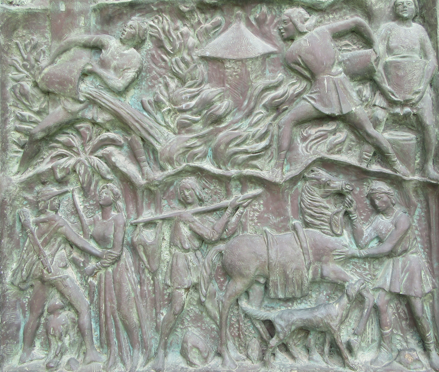 Joseph Pirrone: Das von Konrad verursachte Feuer, Bronzerelief an der Tür der Kathedrale in Noto, 1982