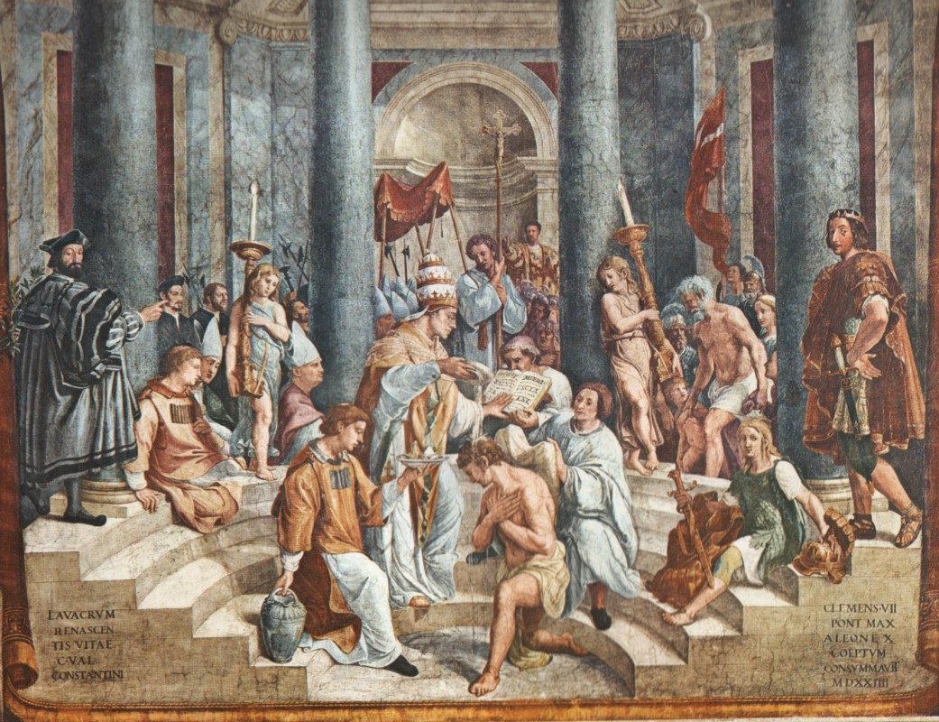 Raffael: Raffael: Konstantins (legendäre) Taufe durch Papst Silvester I., 1517 - 1525, im Sala di Constantino im Vatikan