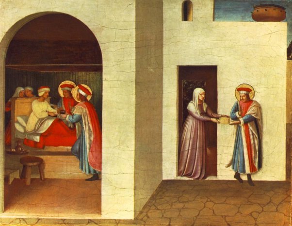 Fra Angelico: Die Heilung der Palladia durch Kosmas und Damian. 1438 - 40, Altarbild in der Kirche San Marco in Florenz (Ausschnitt), heute in der National Gallery of Art in Washington
