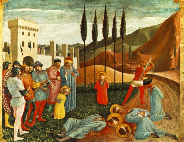 Fra Angelico: Die Enthauptung von Cosmas und Damian. 1438 - 40, Altarbild in der Kirche San Marco in Florenz (Ausschnitt), heute im Musée du Louvre in Paris