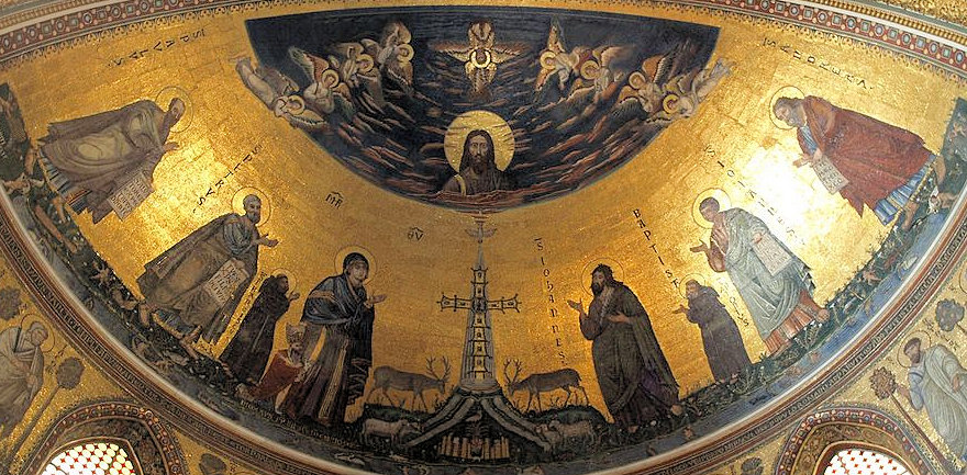 Das Apsismosaik der alten Basilika wurde in die neue San Giovanni in Laterano übernommen; es wurde schon im 13. jahrhundert restauriert und zeigt (von links): Paulus, Petrus, Maria, Johannes den Täufer, Johannes und Andreas