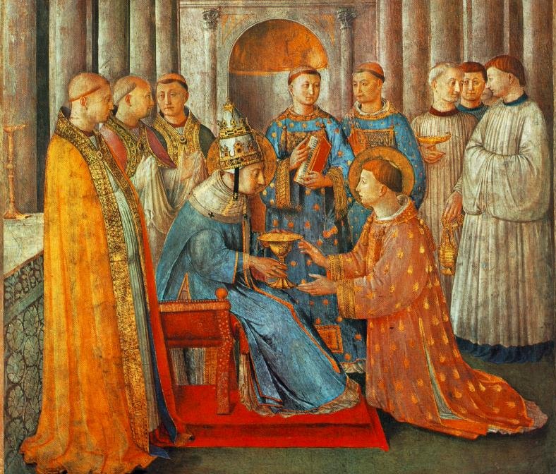 Fra Angelico: Laurentius wird von Papst Sixtus II. zum Diakon ordiniert, Fresko, 1447 - 49, in der Cappella Niccolina im Papstpalast im Vatikan