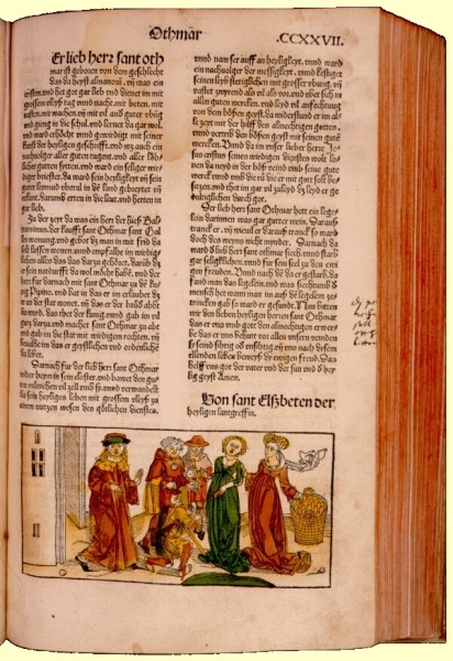 'Legenda aurea', gedruckt 1488 von Anton Koberger in Nürnberg. Seite über Otmar von St. Gallen und Elisabeth von Thüringen mit Illustration