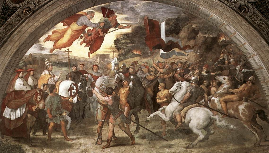 Raffael: Leo (3. von links) tritt Attila (auf dem Pferd unter der Fahne, zurückweichend) entgegen, Petrus (oben links) und Paulus (daneben) erscheinen, 1511 - 1514, Stanza die Eliodoro im Vatikan