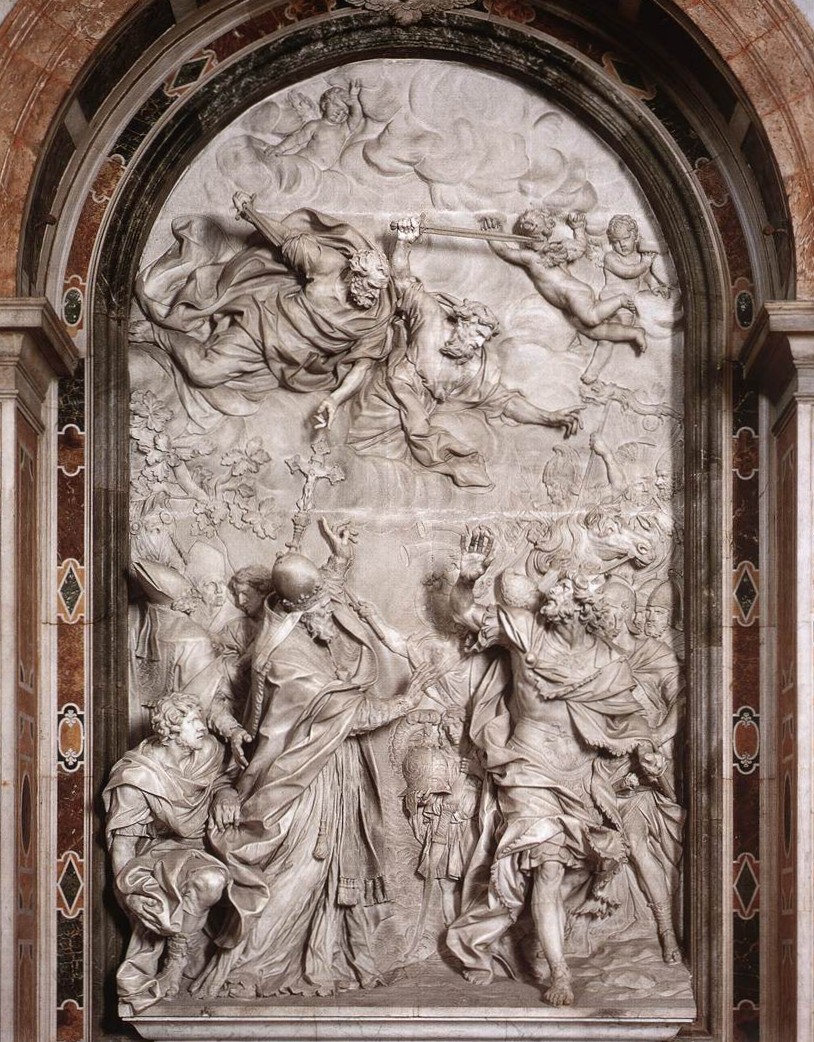 Alessandro Algardi: Grabdenkmal für Leo I.: Leo (links) weist auf den himmlischen Beistand von Petrus, Attila (rechts) weicht zurück; Marmor, 1646-53, im Petersdom im Vatikan