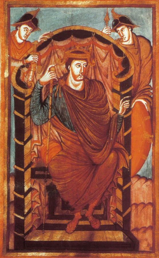 Buchmalerei: Lothar als Kaiser, aus einem Evangeliar Lothars, entstanden zwischen 849 und 851 in Tours, heute in der Bibliothèque Nationale de France in Paris