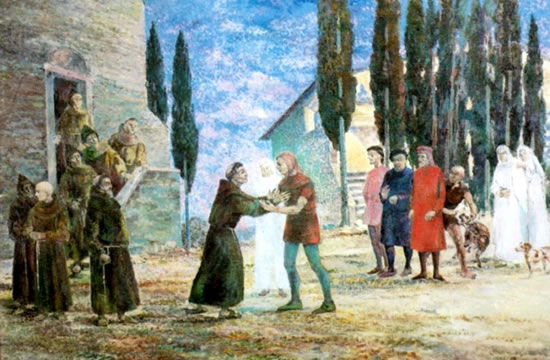 Fresko: Luchesius trifft Franziskus, in der Kapelle San Lorenzo im Ortsteil Pian dei Campi bei Poggibonsi