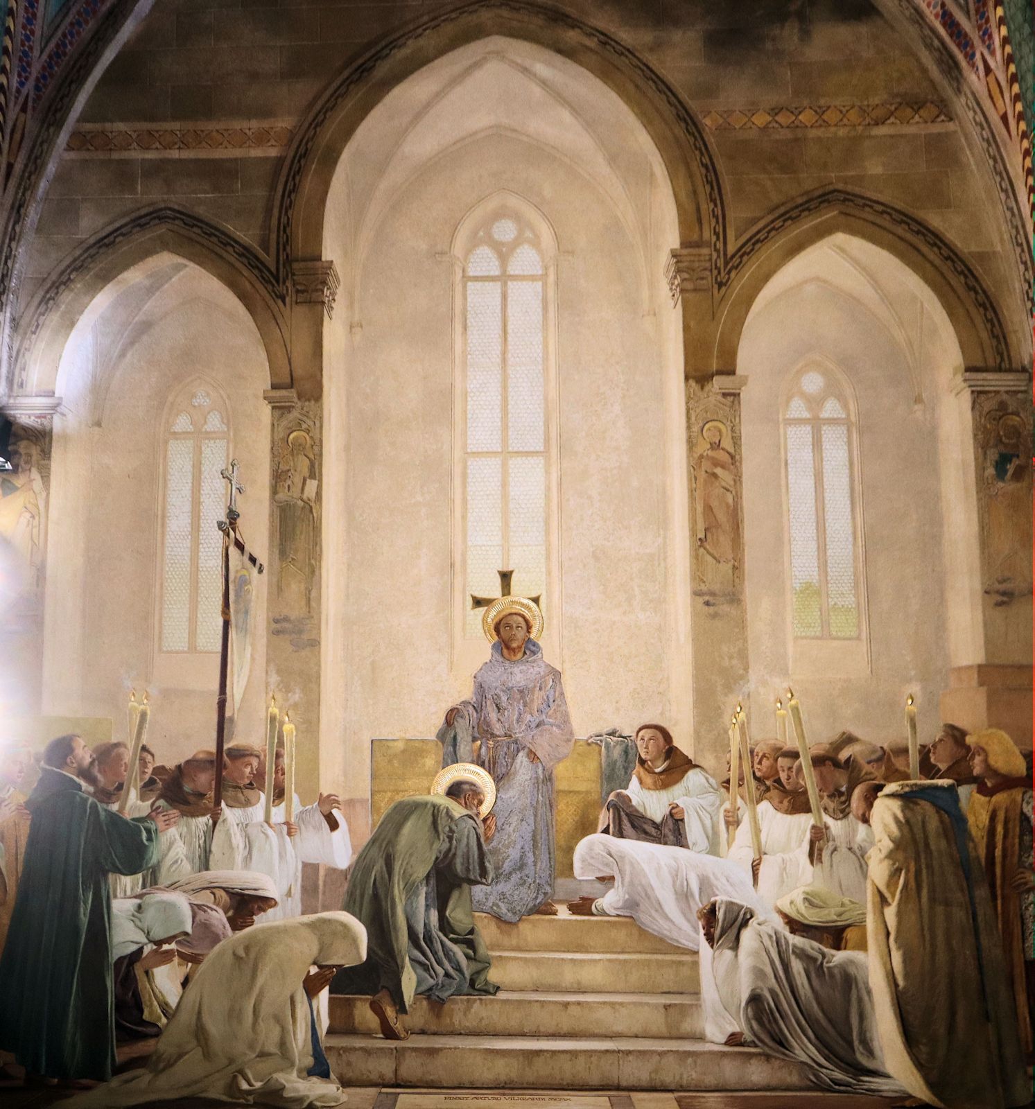 Fresko: Franziskus nimmt Luchesius als erstes Mitglied in den Dritten Orden der Franziskaner auf, im Sanktuarium San Lucchese bei Poggibonsi