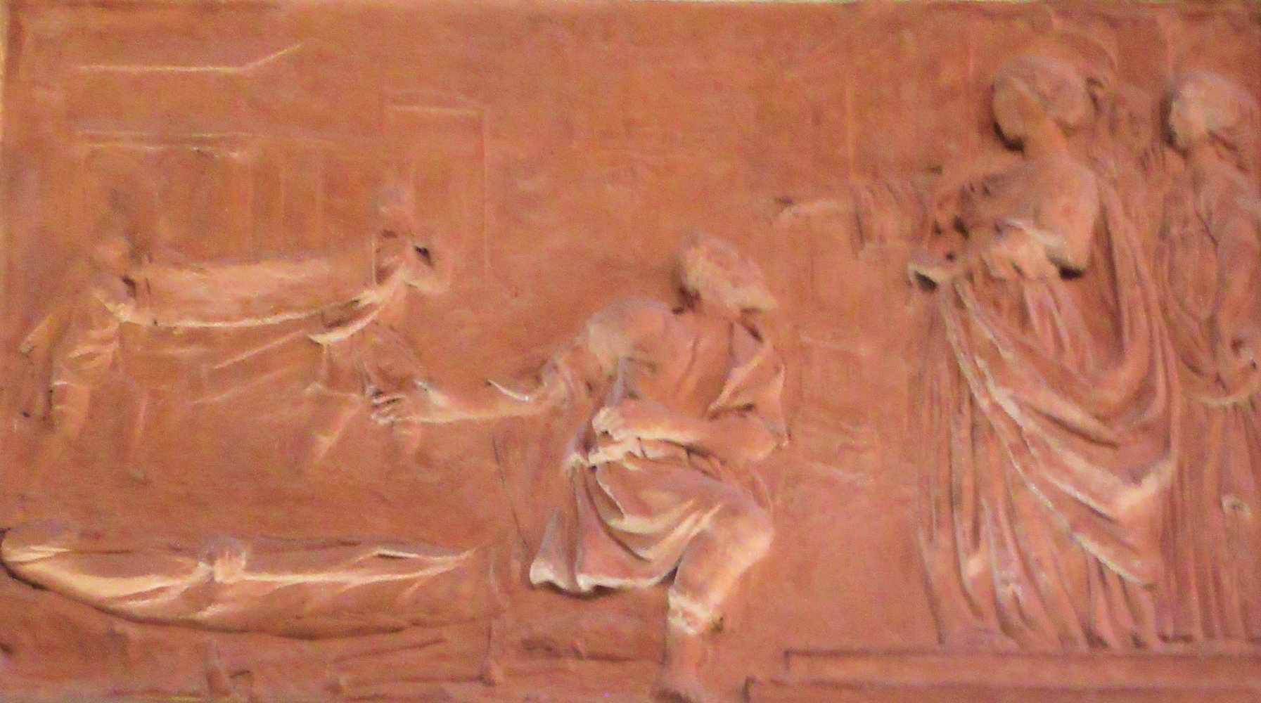 Terracottarelief: Lucina wird auf den Leichnam eines Märtyrers hingewiesen, 19. Jahrhundert, in der Kirche San Lorenzo in Lucina in Rom