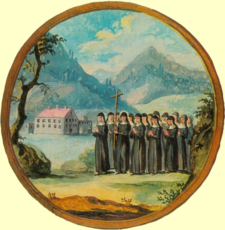 Luitgrad zieht mit ihren Gefährtinnen ins Kloster Wittichen ein, 1745, aus der „Vita beatae Luitgradis”, in der Fürstenbergischen Hofbibliothek in Donaueschingen