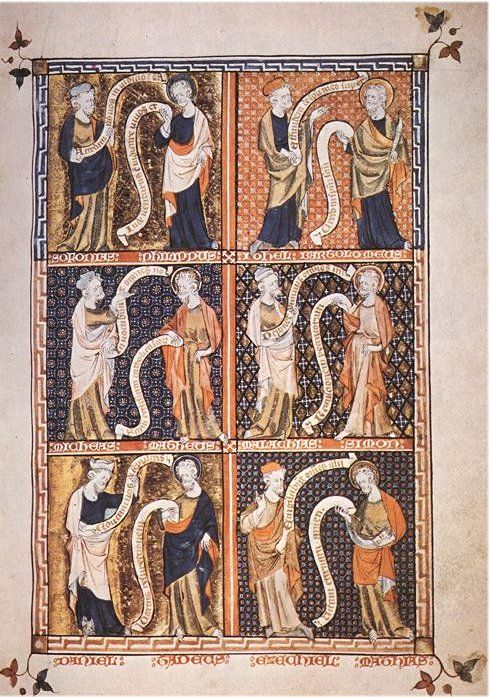 Prophet Maleachi mit Apostel Simon (Mitte rechts), Illustration aus dem Queen Mary' Psalter, 1300 - 1320, British Library in London