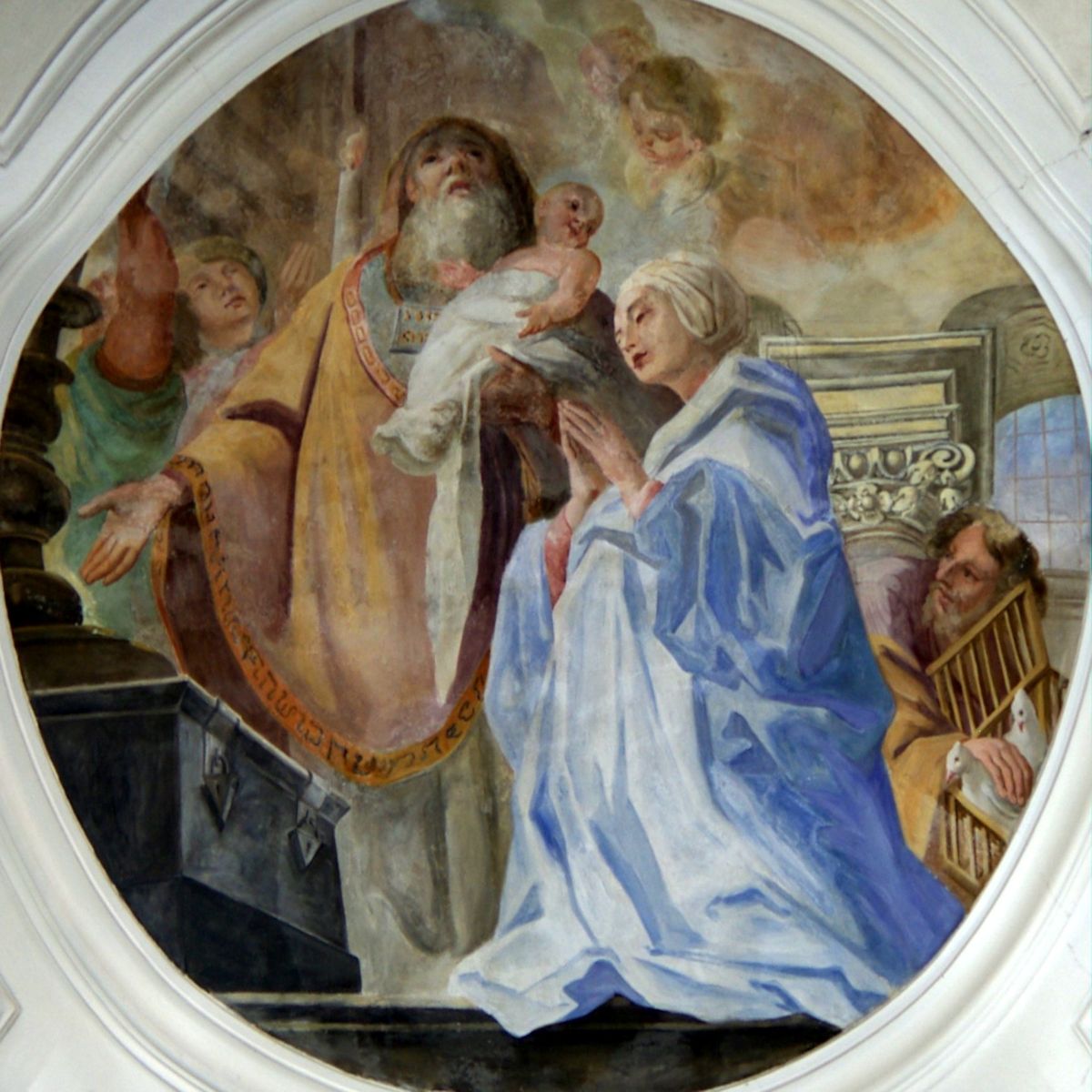 Cosmas Damian Asam: Maria übergibt Simeon das Jesuskind, rechts Joseph mit den Tauben, 1719/1720, in der Basilika des Klosters in Weingarten 
