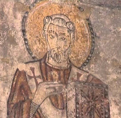 Fresko, 8. Jahrhundert, in den Katakomben unter der Basilika Santa Lucia al Sepolcro in Siracusa