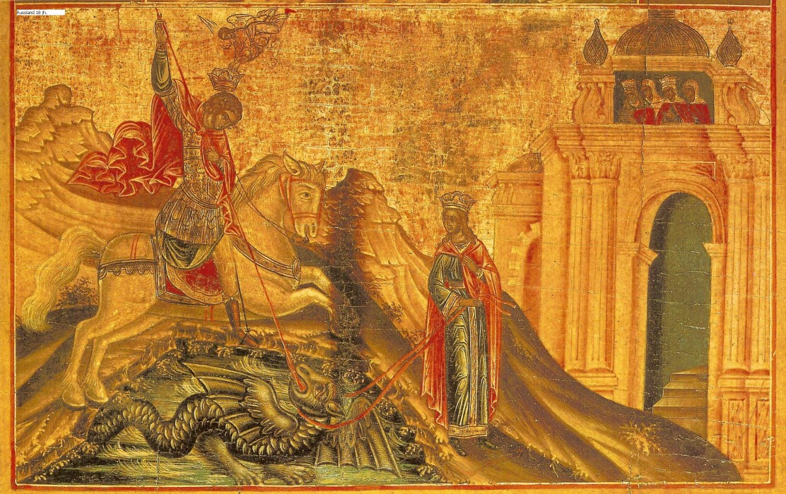 Ikone: Martha hat den Drachen gezähmt und ans Halsband genommen, Georg aber tötet den Drachen. Martha ist schon, Georg wird gekrönt. 18. Jahrhundert. Aus: Brenske Ikonenkalender, Weingarten, 2005