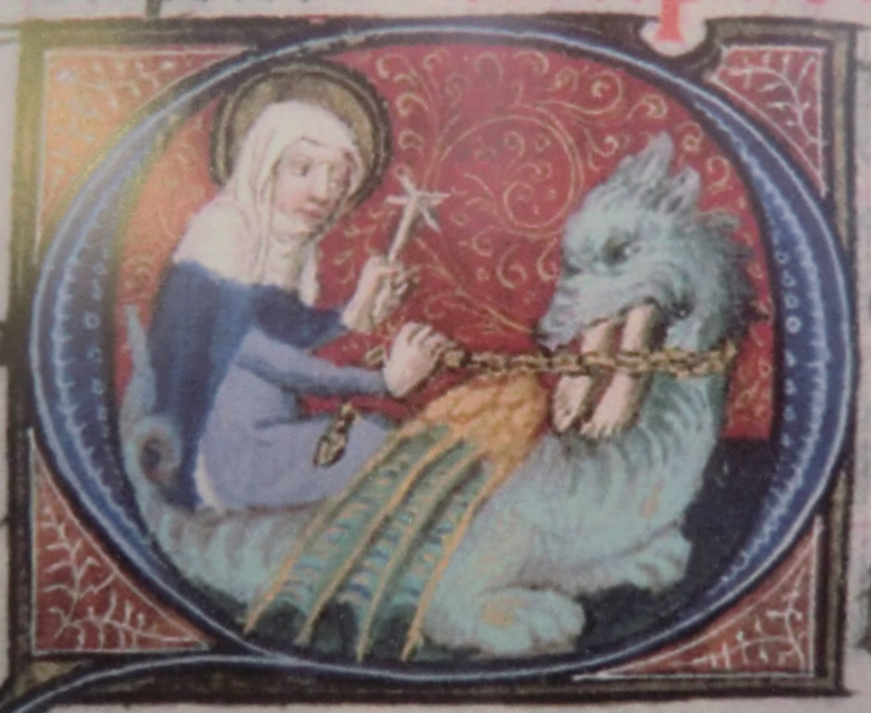 Buchmalerei: Martha sitzt auf dem gezähmten Tarasque, 1414