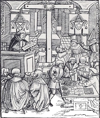 Melchior Ramminger: Ablasshandel, Holzschnitt, Augsburg, 1521, Titelbild zu: 'Beklagung eines Laien genannt Hans Schwalb über viele Missbräuche christlichen Lebens'