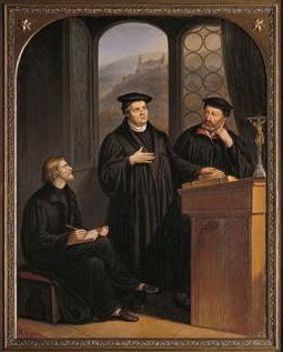 G. Baumann: Luther mit Johannes Brenz (rechts) und Pfarrer Johann Isenmann aus Schwäbisch Hall (links) bei der „Heidelberger Disputation”, 1854, in der Kirche St. Katharina in Schwäbisch Hall