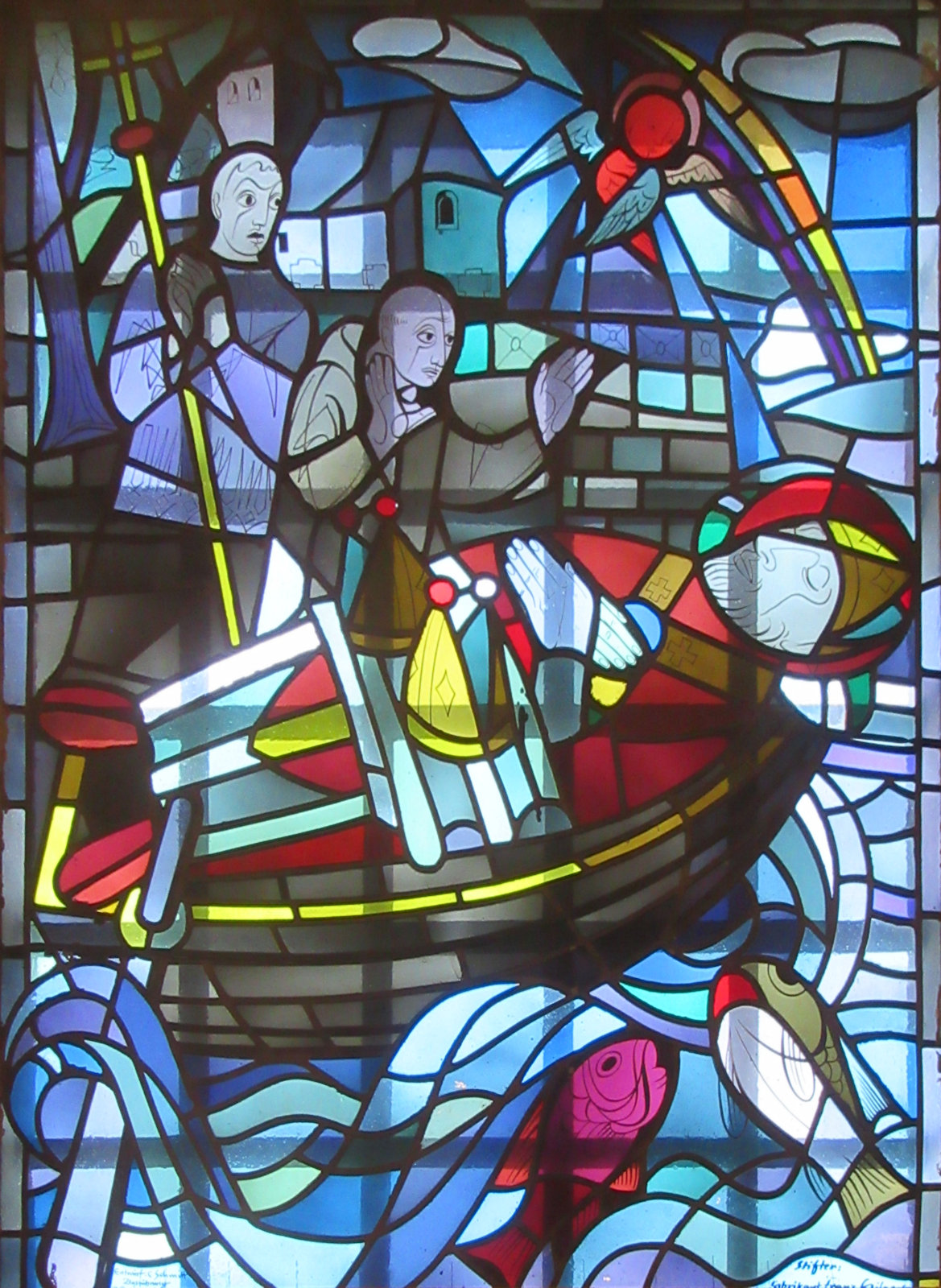 Glasfenster: Maternus wird von Eucharius und Valerius vom Tod erweckt, in der Maternus-Kapelle in Köln-Rodenkirchen