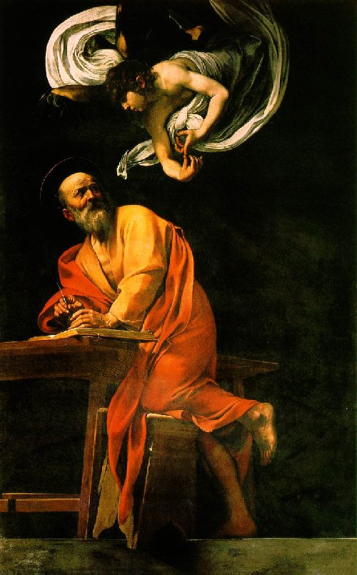 Caravaggio: Matthäus und der inspirierende Engel, 1602, in der Contarelli-Kapelle der Kirche San Luigi dei Francesi in Rom