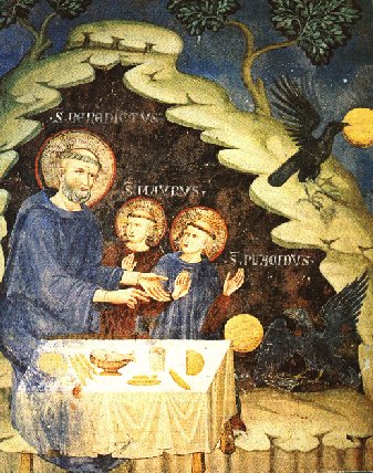 Maurus von Subiaco (Mitte), zusammen mit Benedikt von Nursia (links) und Placidus (rechts); Fresko in der Heiligen Grotte bei Subiaco
