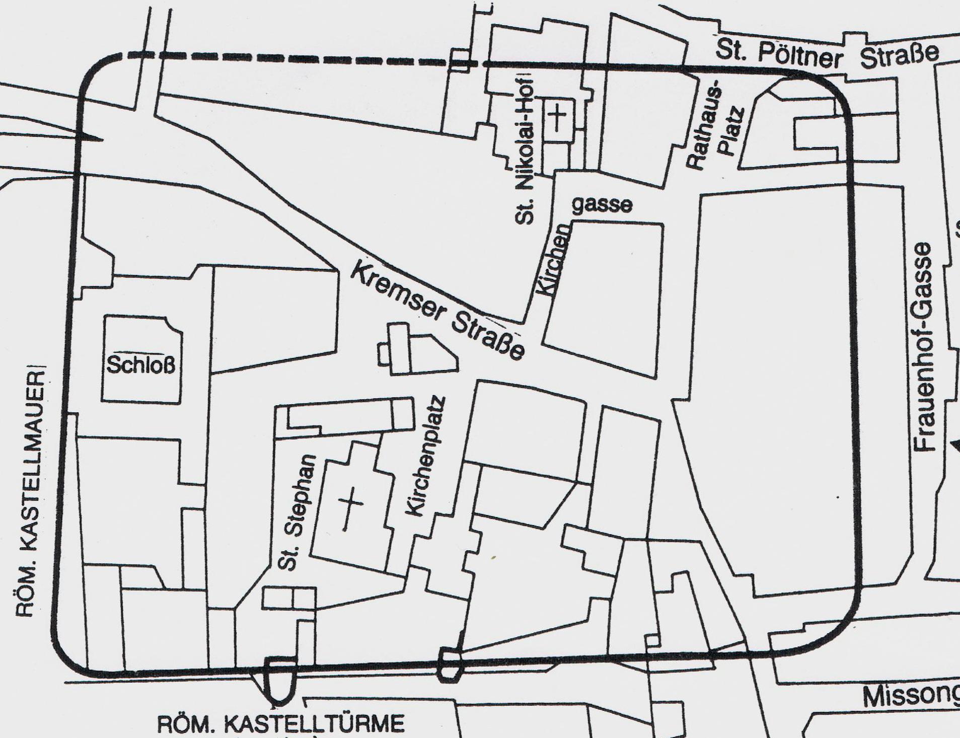 Das Römerlager Favianis, eingezeichnet in den Plan der heutigen Stadt Mautern (oben ist Osten)