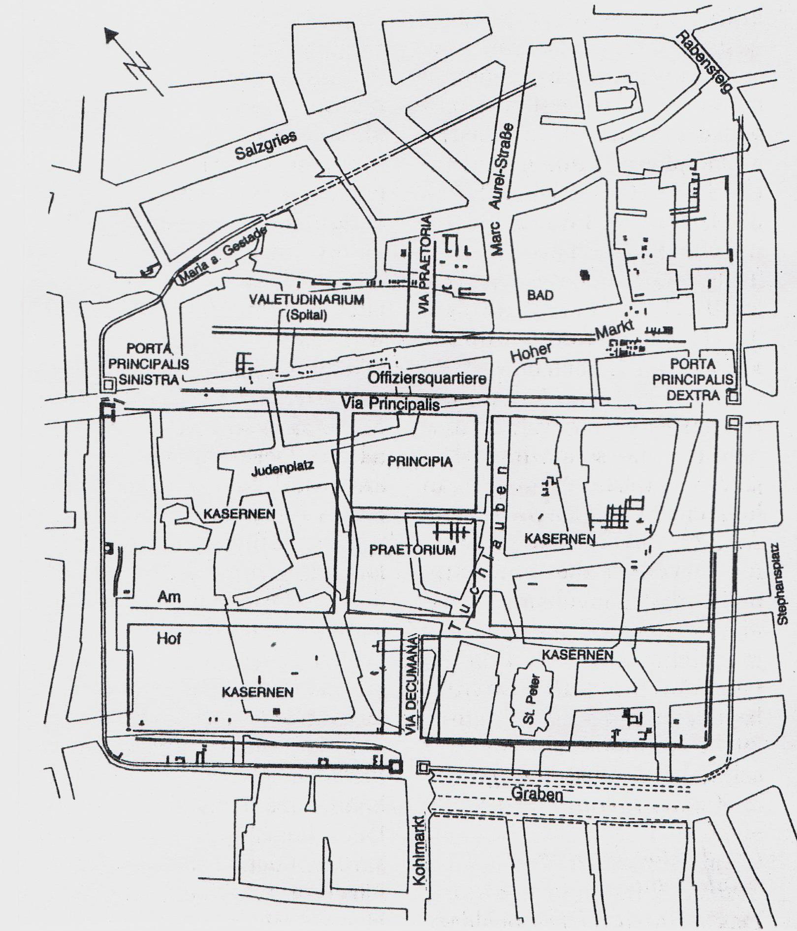 Das Legionslager Vindobona, eingezeichnet in den Plan der heutigen Inneren Stadt von Wien