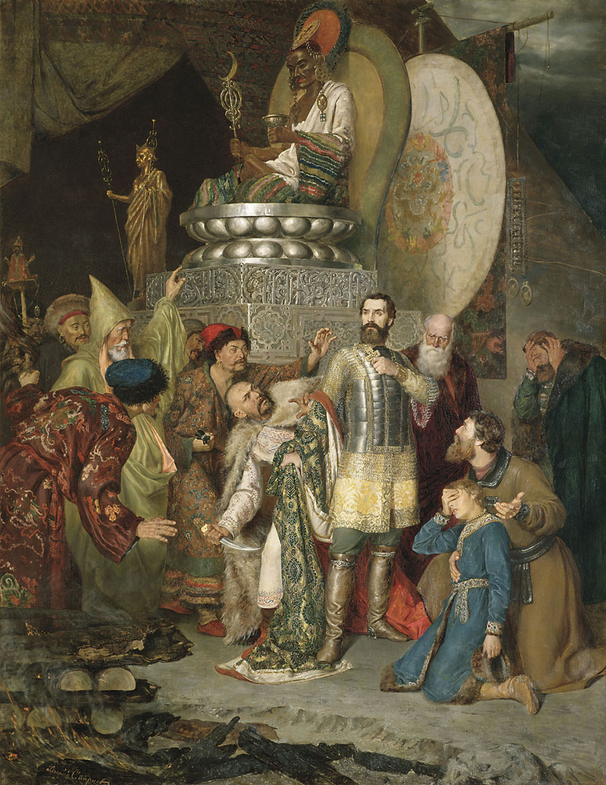 Wassili Smirnow: Fürst Michail Tschernigow vor Batus Hauptquartier, 1883, in der Tretjakow-Galerie in Moskau