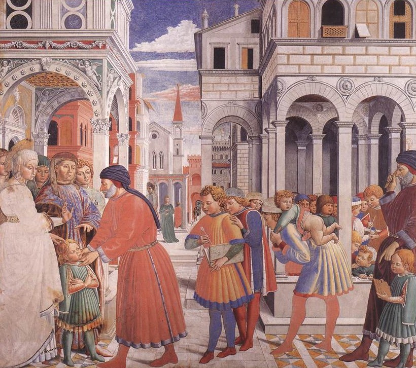 Benozzo Gozzoli: Der junge Augustinus wird von seiner Mutter Monika (links) und seinem Vater dem Lehrer übergeben. 1464/65, in der Kirche Sant'Agostino in San Gimignano