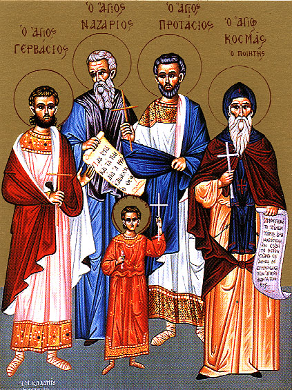 Russische Ikone: Die Märtyrer von Mailand: Gervasius, Nazarius, Protasius und Kosmas (von links), vorn Celsus
