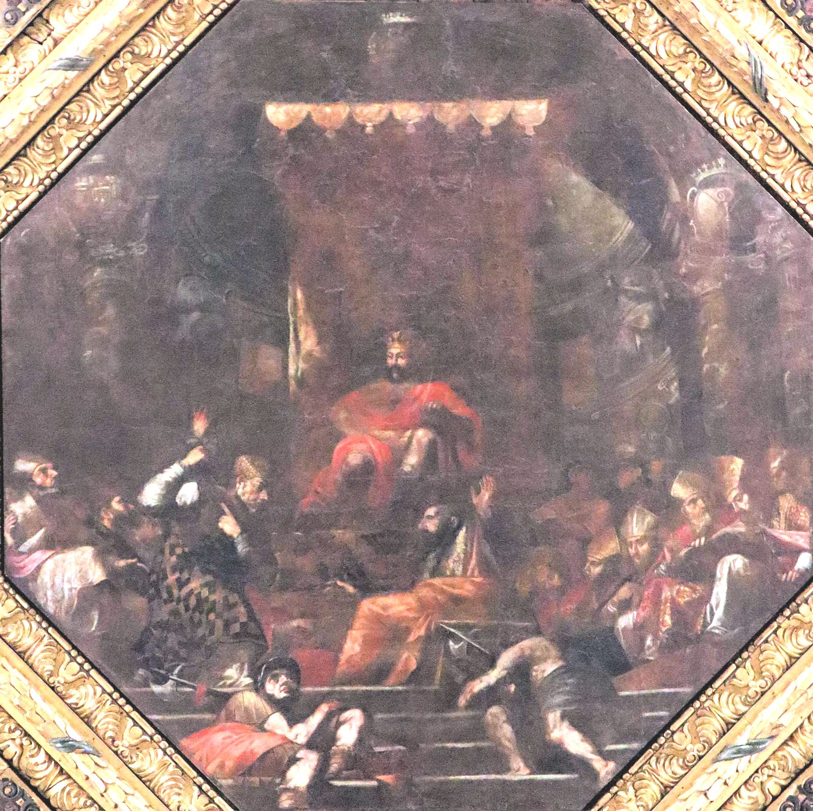 Carlo Rosa: Nikolaus auf dem 1. Konzile von Nicäa, wie er in Anwesenheit von Kaiser Konstantin das Dogma der Dreieinigkeit anhand eines Ziegelsteins illustriert, Deckengemälde, um 1658, in der Nikolaus-Basilika in Bari