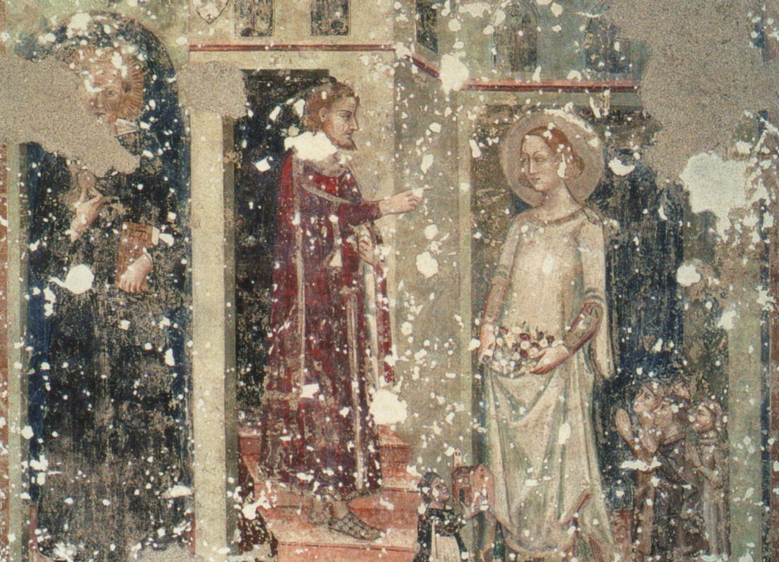 unbekannter Meister aus Perugia: Nikolaus (ganz links) und das Rosenwunder der Elisabeth von Thüringen, Fresko, um 1337, ursprünglich in der nach Elisabeth benannten Kirche in Perugia, heute in der Galleria Nazionale dell' Umbria daselbst