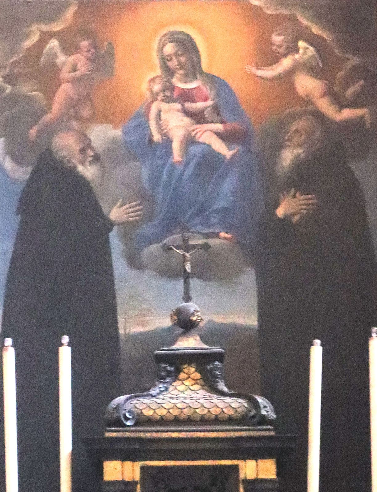 Altarbild: Nilus (links) und Bartholomäus der Jüngere vor Maria, in der Klosterkirche Santa Maria in Grottaferrata