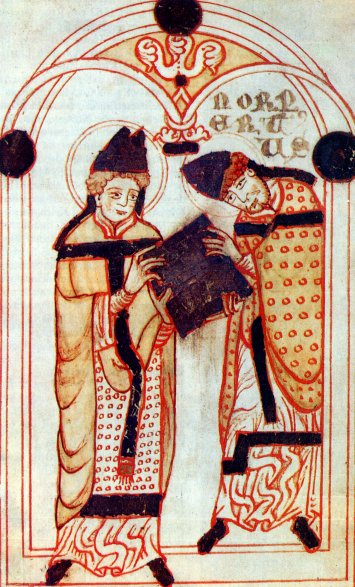 Augustinus überreicht Norbert (rechts) die Regeln des Augustinerordens. Aus der „Vita St. Norberti”, 12. Jahrhundert