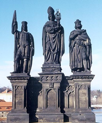 Josef Max: Norbert (Mitte), Wenzeslaus (links) und Sigismund von Burgund (rechts), Statuen auf der Karlsbrücke in Prag, 1853